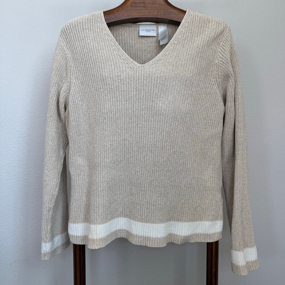 Liz Claiborne Liz Sport Cotton Knit Sweater Women’s Large Beige V Neck Coastal